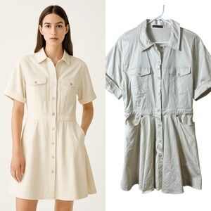 ZARA Cream Utility Shirt Dress Large Minimalist Neutral Button Down A-Line Dress